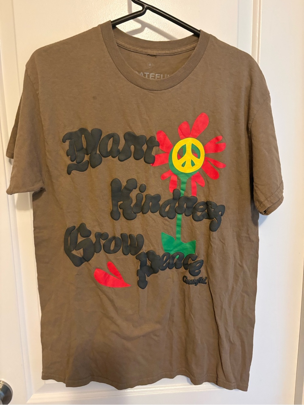 Grateful Kindness Grow Peace Short Sleeve Tee - Brown with Red & Green Flower